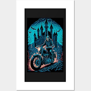 Skeleton Riding Motorbike On Flames Posters and Art